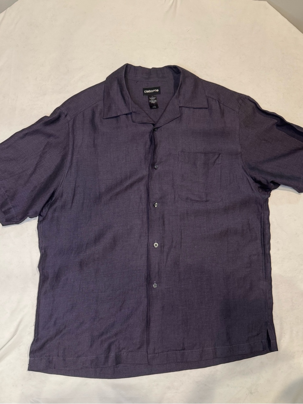 Claiborne Mens L Linen Blend Shirt Purple Short Sleeve Camp Collar Button Up